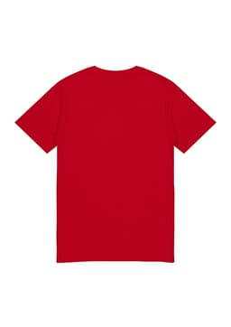 A bright red short sleeve tee featuring a plain back and a logo. Suitable for kids.