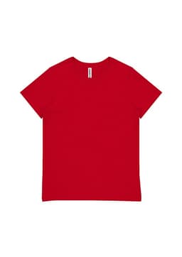 A red women's short sleeve tee featuring a simple design and a branding label.