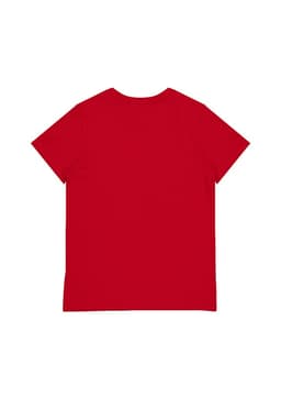 A red women’s short sleeve tee featuring a plain back design. Includes a logo on the label.