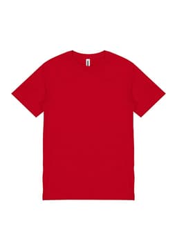 A red short sleeve tee with a label inside and no visible graphics or branding.