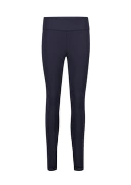 A pair of high-rise pull-on corporate leggings in a dark navy colour, featuring a smooth finish and a brand logo.