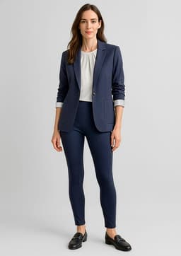 A woman wearing a navy blazer and high-rise navy leggings, styled with a white blouse and loafers.