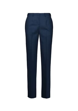 Navy tapered pants with an adjustable waist and a sleek design, featuring a subtle branding logo.