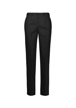 A pair of women's black tapered pants with an adjustable waist, featuring a sleek design and subtle branding.