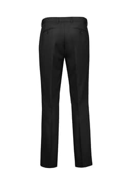 Black straight leg pants with an adjustable waist, featuring back pockets and a logo.
