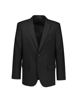 A black blazer jacket with a single-breasted design, featuring two front pockets and a sleek, modern cut.