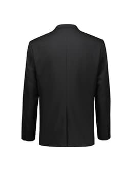 A black men's blazer with a sleek design, featuring a back vent and buttoned cuffs, has a logo on the back.