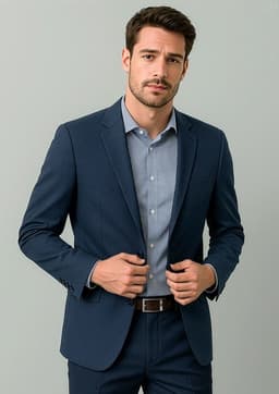 A navy men's blazer jacket worn over a light blue checkered shirt, featuring a subtle logo.