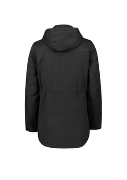 A black women's jacket featuring a hood and a loose fit, with a logo on the back.