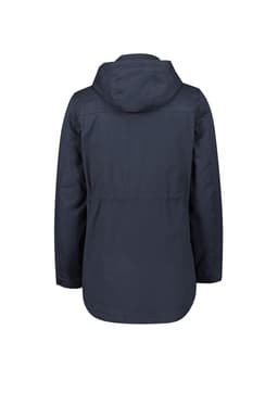 A women's jacket in navy blue with a hood and a slightly loose fit, featuring a logo on the back.