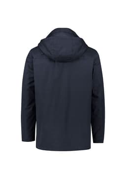 A dark navy men's jacket with a hood, featuring a minimalist design and a subtle logo on the back.