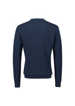 A navy blue knitted jumper with long sleeves and a crew neck, featuring a plain back design.