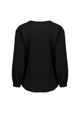 A black long sleeve blouse with ruching detail, featuring a relaxed fit and balloon sleeves.