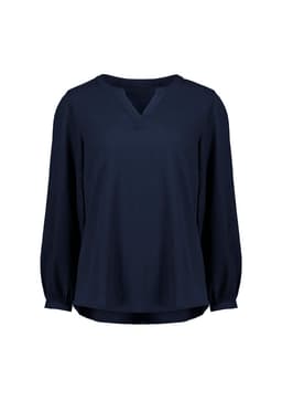 A women's long sleeve blouse in navy blue with a relaxed fit and ruché detailing at the sleeves.
