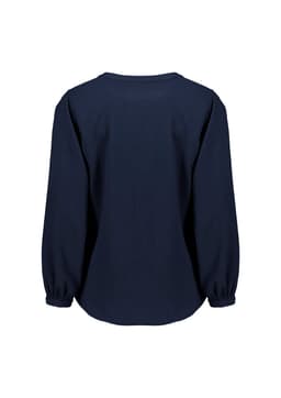 A navy blue women's long sleeve blouse featuring ruché detailing and a relaxed fit design. It has a branding logo.