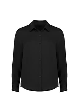 A black long sleeve shirt with a collared neckline and button-down front. It features long sleeves and a relaxed fit.
