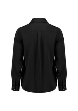A black long sleeve shirt with a collar and buttoned cuffs, featuring a pleated back design.