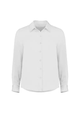 A women's long sleeve shirt in white with a button-down front and collar. It features a branding logo.
