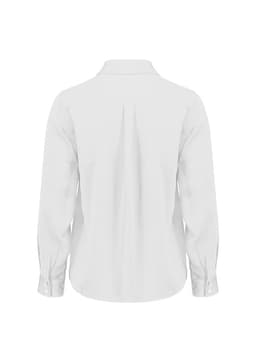 A white long sleeve shirt with a collar and buttoned cuffs, featuring a central back pleat. It has a logo.