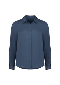 A navy long sleeve shirt with a collared neckline and button-up front, featuring long sleeves and a relaxed fit.