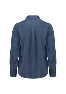 A women's long sleeve shirt in a navy blue colour, featuring a back pleat and buttoned cuffs. It has a logo present.