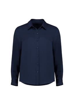 A navy long sleeve women's shirt featuring a collar and button front, with a simple design and branding present.