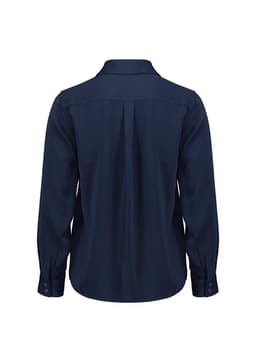 A navy blue women's long sleeve shirt featuring a collared neckline and back pleat detail. It includes a logo.