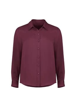 A button-up shirt in deep burgundy with long sleeves and a collar, featuring front buttons and a subtle logo.
