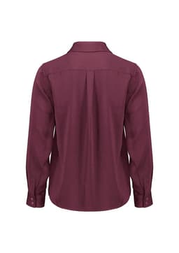 A burgundy women's long sleeve button-up shirt featuring a classic collar and a back pleat, with a logo present.