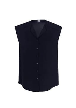 A sleeveless black blouse featuring a button front, with a relaxed fit and a subtle collar. It has a logo tag.