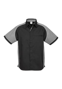 A black and grey short sleeve button-up shirt with a logo on the chest and contrasting panel details.