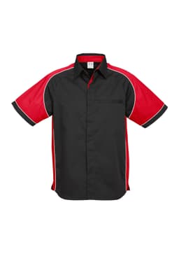 A short sleeve button-up shirt featuring black and red colours with contrasting side panels and a logo.