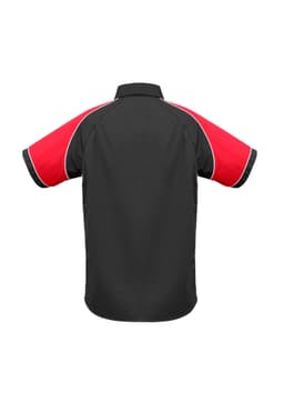 A short sleeve button-up shirt featuring a black body and red sleeves, with contrasting piping and a logo.