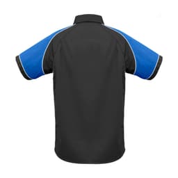 A short sleeve button-up shirt in black with blue sleeves and contrasting trim, featuring a logo.