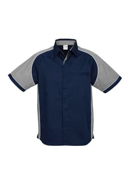 A short sleeve button-up shirt featuring navy and grey colours with a chest pocket and branding.