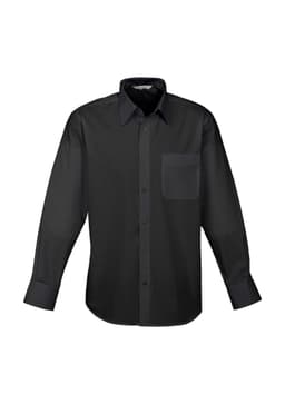 A black long sleeve button-up shirt with a chest pocket and a collar. It features a logo on the label.