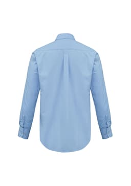 A light blue long sleeve button-up shirt with a back pleat and cuffed sleeves. Features a logo.