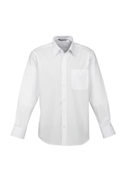 A white long sleeve button-up shirt featuring a single chest pocket and a collar. The shirt has a logo present.