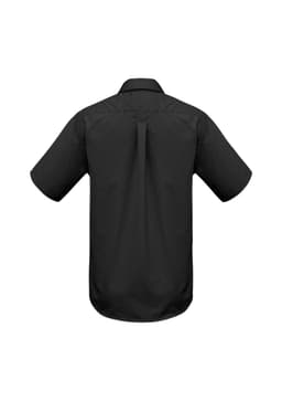 A black men's base short sleeve button-up shirt with a straight hem and a centre back pleat.