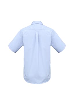A light blue short sleeve button-up shirt with a back pleat and a logo label.