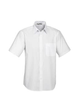 A white short sleeve button-up shirt with a pocket and a collar, featuring a logo on the label.