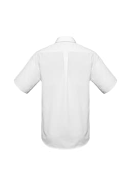 A white short sleeve button-up shirt featuring a back pleat and a collar, with a logo on the collar.