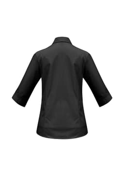 A women's black 3/4 sleeve button-up shirt with a collar and back detailing. The shirt features a logo.