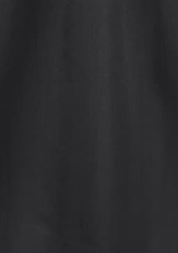 A black fabric for a women's 3/4 sleeve button-up shirt featuring a smooth texture and a logo.