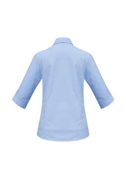 A women's 3/4 sleeve button-up shirt in light blue, featuring a back view with a smooth design and a logo.