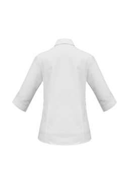 A white women's 3/4 sleeve button-up shirt featuring a rear view design and a logo.