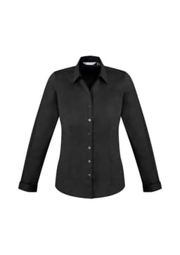A black women's long sleeve button-up shirt featuring a classic collar and a fitted design. It has a logo on the label.