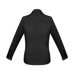 A women's long sleeve button-up shirt in black, featuring a classic collar and a tailored fit. It has a logo.