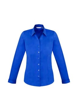 A women's long sleeve button-up shirt in bright blue, featuring a classic collar and button front.