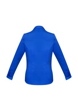 A vibrant blue women's button-up long sleeve shirt with a tailored fit and cuffs. Features a logo on the design.